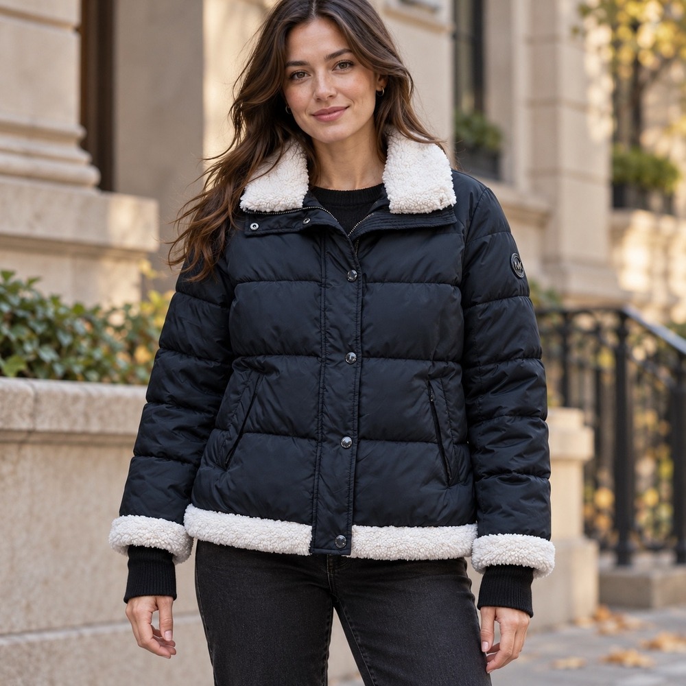 Michael Kors Sherpa Trim Puffer Jacket Black Quilted Insulated Winter Coat M